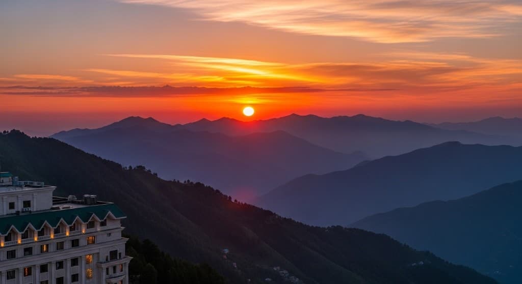 Sunset over the mountain ranges of Bhurban Murree with a luxury resort on the hillside