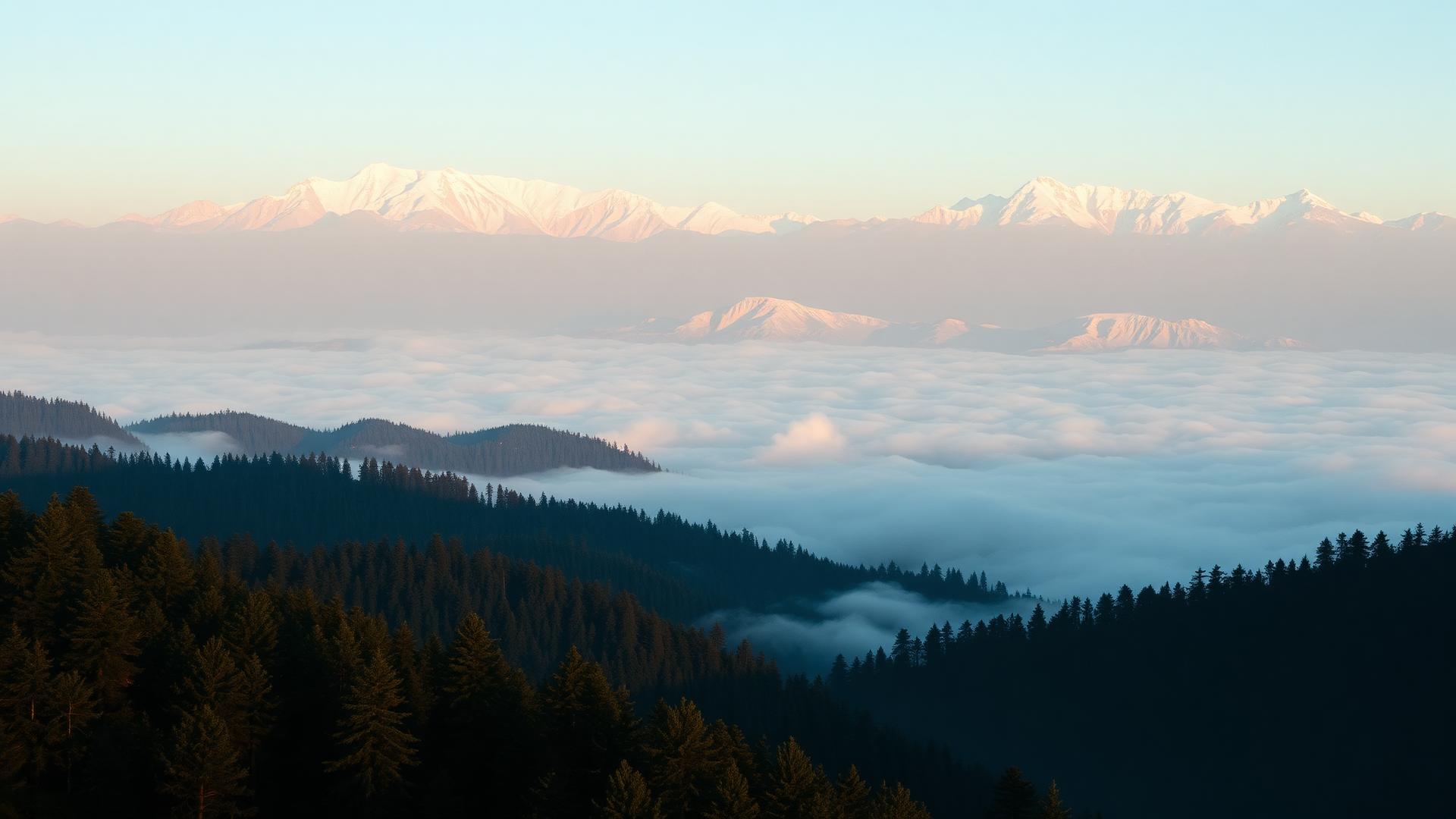 Misty Himalayan peaks at dawn above a pine forest